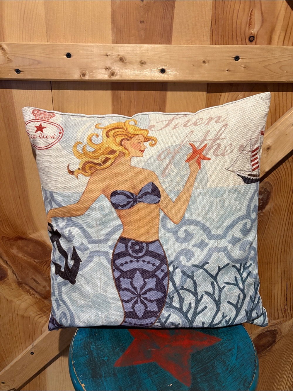 Coastal Mermaid Accent Pillow - Blue